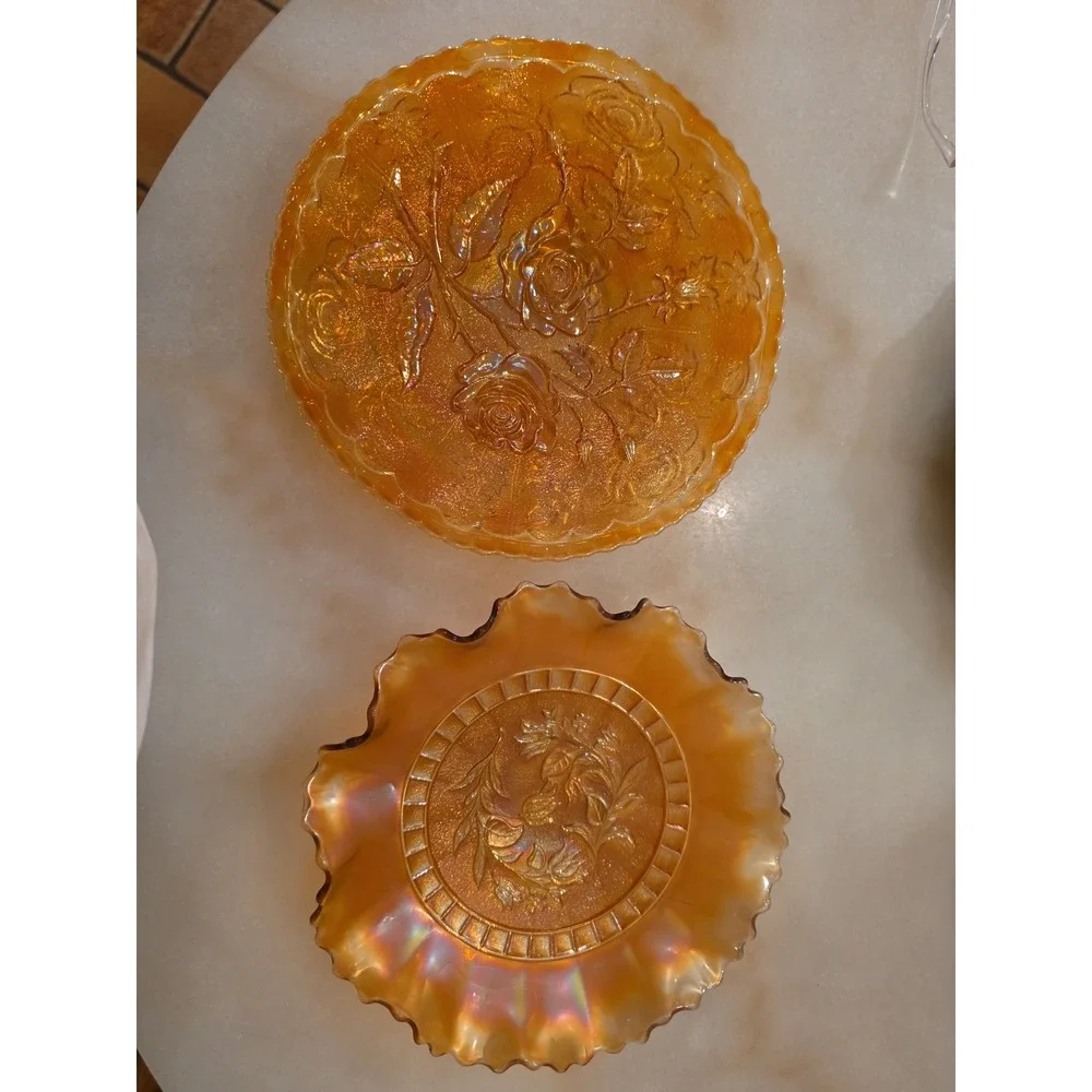 Vintage Carnival Glass Marigold Orange Iridescent Rose Plate and Ruffled Bowl